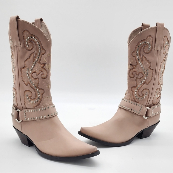 JEFFREY CAMPBELL The Kid Western Studded Beige Block Heel Snip Toe Boot Size 9.5 - Picture 8 of 13